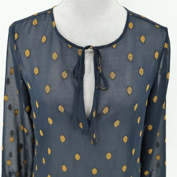 Ann Taylor Top Petites SP PS Navy Blue Sheer Blouse Gold Medallions Embroidery - Picture 7 of 14